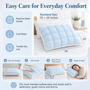 Mellow Puff Cooling Pillow for Sleeping, Fluffy Cloud Pillow with Ice-Silk Touch, Breathable Quilted Grid Design, for Side and Back Sleepers, Machine Washable - Blue - Size 26in*20in