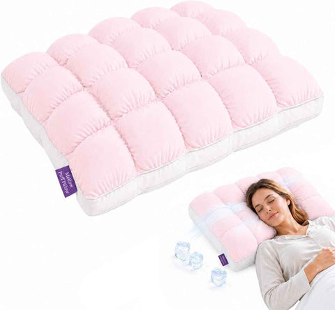 Mellow Puff Cooling Pillow for Sleeping, Fluffy Cloud Pillow with Ice-Silk Touch, Breathable Quilted Grid Design, for Side and Back Sleepers, Machine Washable - Pink - Size 26in*20in In Australia - Darrahopens