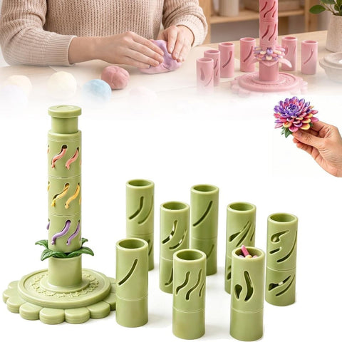 Clay-Free Version 3D Promted Flower Modular Clay Bloom Maker with 9 Shaping Sleeves Reusable Press Mold,Effortlessly make unique layered clay flowers for beginners and DIY lovers - Green
