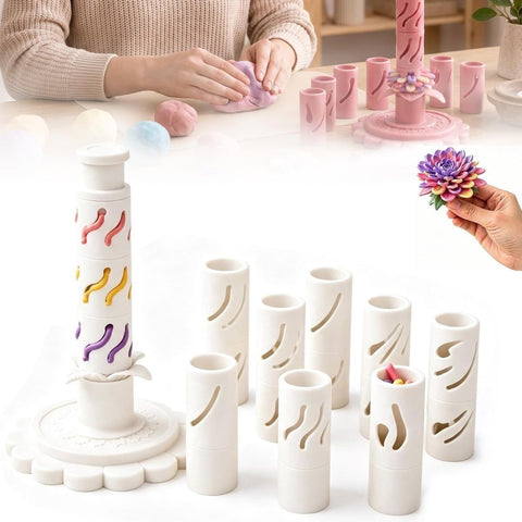 With 12 colors of modeling clay 3D Promted Flower Modular Clay Bloom Maker with 9 Shaping Sleeves Reusable Press Mold,Effortlessly make unique layered clay flowers for beginners and DIY lovers - White
