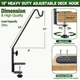 15 in Deck Railing Plant Hanger 2 PCS, Deck Hooks for Railing | Heavy Duty Solid Iron Shepherds Hook, For Deck Railing & Bird Feeders Outdoors, Stable Plant Hanger Bracket for Balcony,Porch - Black