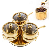 Stainless Steel Sugar Bowl Set, Rotatable 3 Flavour Seasoning Jar with Visible Glass Lid and Spoon, Condiment Pots Seasoning Box, Seasoning Dispenser, Reusable Spice Container for Kitchens In Australia - Darrahopens