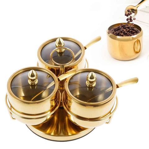 Stainless Steel Sugar Bowl Set, Rotatable 3 Flavour Seasoning Jar with Visible Glass Lid and Spoon, Condiment Pots Seasoning Box, Seasoning Dispenser, Reusable Spice Container for Kitchens In Australia - Darrahopens
