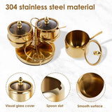 Stainless Steel Sugar Bowl Set, Rotatable 3 Flavour Seasoning Jar with Visible Glass Lid and Spoon, Condiment Pots Seasoning Box, Seasoning Dispenser, Reusable Spice Container for Kitchens In Australia - Darrahopens