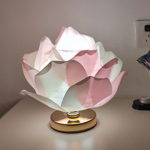 Dimmable Rose Shape Table Lamp - Romantic Floral Ambient Light with Metal Base for Bedroom, Living Room, and Lover Girlfriend Gift Wedding Anniversary Occasions - White-Pink - Size 15.7x11Inches