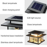 Length: 25 cm Outdoor Stainless Steel Post Light, Modern LED Fence Deck Cap Light Lantern Column Lamp for Flat Surface Patio with Glass Shade with IP54 Waterproof E26 Bulb for Outside Patio Yard Fence - Black - Size 25cm