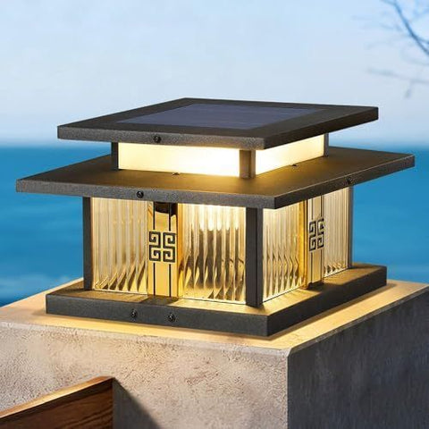 Length: 40 cm Outdoor Stainless Steel Post Light, Modern LED Fence Deck Cap Light Lantern Column Lamp for Flat Surface Patio with Glass Shade with IP54 Waterproof E26 Bulb for Outside Patio Yard Fence - Black - Size 40cm
