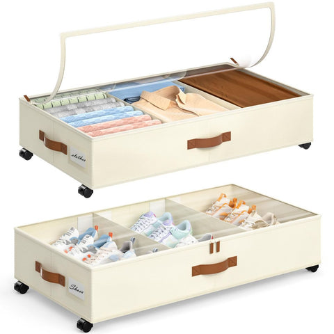 2 Pack Under Bed Storage with Wheels, Under Bed Storage Containers with Adjustable Dividers & Clear Lid, Rolling Underbed Organizer Bins Drawer for Clothes, Shoes, Blankets - Beige - Size 30.3 x 16 x 6.7 inches