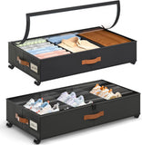 2 Pack Under Bed Storage with Wheels, Under Bed Storage Containers with Adjustable Dividers & Clear Lid, Rolling Underbed Organizer Bins Drawer for Clothes, Shoes, Blankets - Black - Size 30.3 x 16 x 6.7 inches
