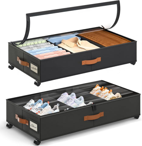 2 Pack Under Bed Storage with Wheels, Under Bed Storage Containers with Adjustable Dividers & Clear Lid, Rolling Underbed Organizer Bins Drawer for Clothes, Shoes, Blankets - Black - Size 30.3 x 16 x 6.7 inches