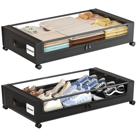 Under Bed Storage with Wheels,XXL 60L Under Bed Storage Containers with Clear Lids, Rolling Under Bed Metal Drawer for Clothes, Shoes,Toys - Black - Size 60L