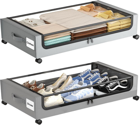 Under Bed Storage with Wheels,XXL 60L Under Bed Storage Containers with Clear Lids, Rolling Under Bed Metal Drawer for Clothes, Shoes,Toys - Gray - Size 60L