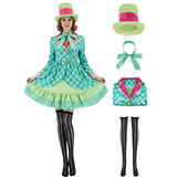 Hatter Costume Women Mad Tea Party Halloween Cosplay Dress with Bowtie Top Hat Leggings Mardi Gras Parade Outfits - Green - Size S