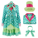 Hatter Costume Women Mad Tea Party Halloween Cosplay Dress with Bowtie Top Hat Leggings Mardi Gras Parade Outfits - Green - Size S