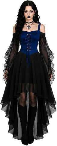 Women Witch Dress Halloween Costumes Vampire Woman Renaissance Medieval Butterfly Sleeve Mesh Gothic Dresses - Blue - Size XL