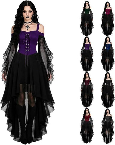 Women Witch Dress Halloween Costumes Vampire Woman Renaissance Medieval Butterfly Sleeve Mesh Gothic Dresses - Purple - Size XXL In Australia - Darrahopens