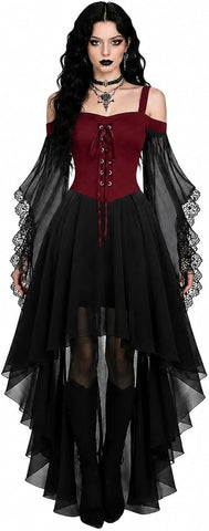 Women Witch Dress Halloween Costumes Vampire Woman Renaissance Medieval Butterfly Sleeve Mesh Gothic Dresses - Red - Size L