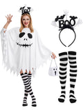 4 Pcs Halloween Ghost Costume Set for Women Adult, Scary Ghost Poncho Headband Striped Stockings Candy Bag for Halloween Cosplay Party In Australia - Darrahopens