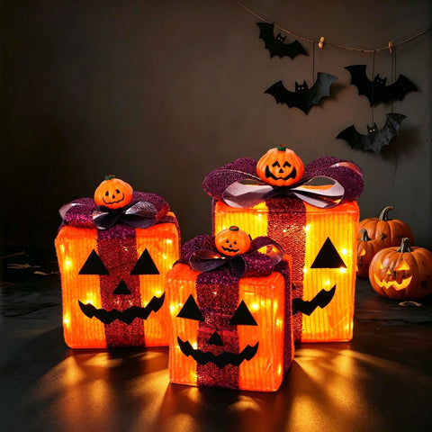 3 Pack Lighted Halloween Pumpkin Gift Boxes, 60 LED Battery Operated Jack O Lantern Decorations with Timer & 8 Modes In Australia - Darrahopens