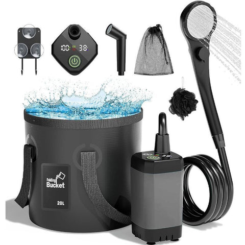 Portable Camping Shower, 6000mAh Rechargeable Outdoor Shower Pump 4 Spray Modes & Speeds, Ipx7 Waterproof, LED Display, Portable Shower for Camping, Car & Pet - Gray - Size 5.3-gallon bucket, spray gun, and bath bomb In Australia - Darrahopens