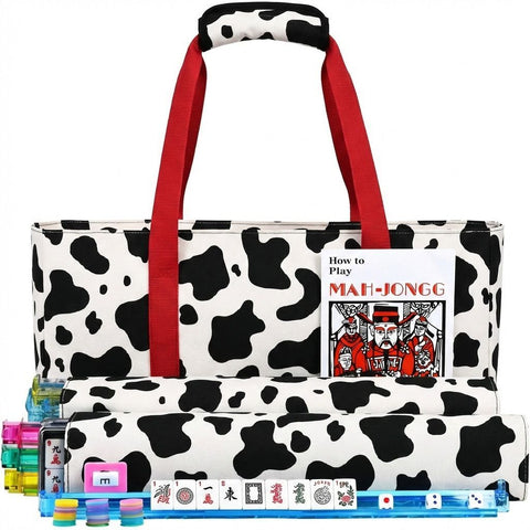 Mahjong Game Set, 166 Blue Tiles (1.2”), 4 All-in-One Color Rack/Pushers & Drawstring Bag, Complete Mahjong Sets with Blue Printed Carrying Bag and Mahjong Tile Set Accessories