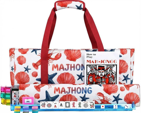 Mahjong Game Set, 166 Blue Tiles (1.2”), 4 All-in-One Color Rack/Pushers & Drawstring Bag, Complete Mahjong Sets with Blue Printed Carrying Bag and Mahjong Tile Set Accessories