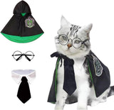 3PCS Halloween Dog Costume Cat Wizard Cape Glasses and Necktie Set Halloween Puppy Outfit Pet Academy Magician Cosplay Apparel for Kitten Cat Small Dogs - Black-Green - Size M
