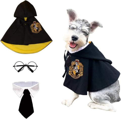3PCS Halloween Dog Costume Cat Wizard Cape Glasses and Necktie Set Halloween Puppy Outfit Pet Academy Magician Cosplay Apparel for Kitten Cat Small Dogs - Black-Yellow - Size L