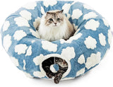 Cat Tunnel Bed with Washable Cushion for Indoor Cat, Donut Cave Tube Toys for Kitten Puppy Rabbit - Blue - Size 33.5in