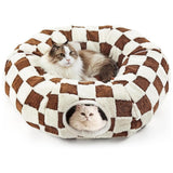Cat Tunnel Bed with Washable Cushion for Indoor Cat, Donut Cave Tube Toys for Kitten Puppy Rabbit - Brown - Size 33.5in