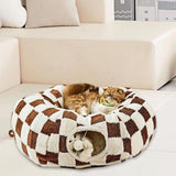 Cat Tunnel Bed with Washable Cushion for Indoor Cat, Donut Cave Tube Toys for Kitten Puppy Rabbit - Brown - Size 33.5in