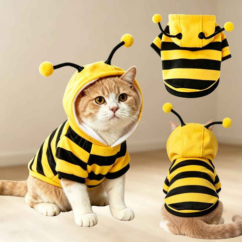 Bumblebee Cat Costume for Sphynx & Small Dogs, Fit Halloween, Yellow, Cute Bee Stripes Hoodie, Soft Warm Fleece, Holiday Cosplay Outfit, Daily Leisure Wear, Easy to Put, Safe for Leash Walking - Yellow / S In Australia - Darrahopens