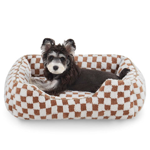 Dog Beds -Cute Cat Beds for Indoor Cats Calming Pet Beds, Rectangle Orthopedic Cuddle Puppy Bed with Jacquard Shaggy Plush & Anti Slip Bottom - Brown - Size M