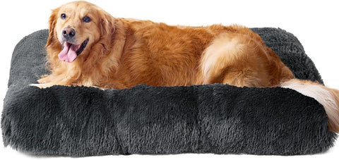 Fluffy Dog Crate Bed for Extra Large Dogs, Plush Faux Fur Pad, Calming Anti Anxiety XL Bed for Crate, Washable Soft Warm Dog Mat with Non-Slip Bottom - Dark Gray - Size 41.3"L x 27.5"W