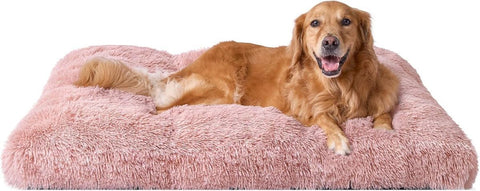 Fluffy Dog Crate Bed for Extra Large Dogs, Plush Faux Fur Pad, Calming Anti Anxiety XL Bed for Crate, Washable Soft Warm Dog Mat with Non-Slip Bottom - Pink - Size 44"L x 33"W