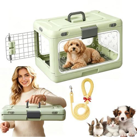 Foldable Hard Cat Carrier, Transparent Pet Crate for Cats & Small Dogs, Collapsible Travel Kennel with Ventilation & Urine Pad Mesh Grid, Portable Travel cage, Essential for pet Travel - Green - Size 20*12.59*12.2in