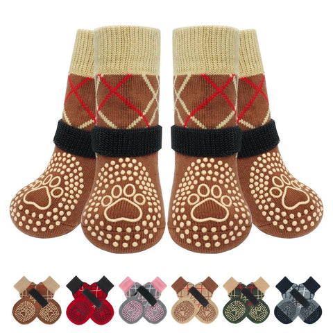 4PCS Dog Socks to Prevent Licking Paws for Hot/Cold Pavement | Puppy Boots & Paw Protectors for Hardwood Floors Anti Slip, Socks with Grippers Prevent Scratching for Senior Dog - Brown - Size L