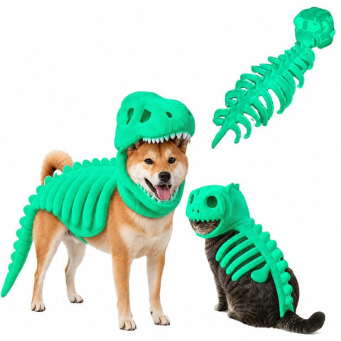 Dinosaur Skeleton Glow in Dark Dog and Cat Costume,Pet Dinosaur Costume,Plush Halloween Pet Hood Outfit - Green - Size 47.2in In Australia - Darrahopens