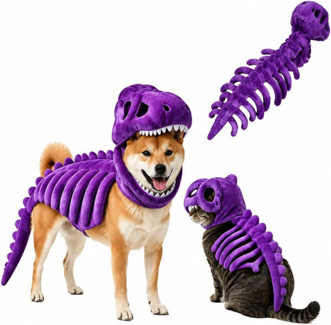 Dinosaur Skeleton Glow in Dark Dog and Cat Costume,Pet Dinosaur Costume,Plush Halloween Pet Hood Outfit - Purple - Size 47.2in In Australia - Darrahopens