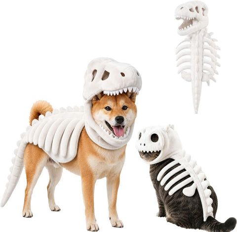 Dinosaur Skeleton Glow in Dark Dog and Cat Costume,Pet Dinosaur Costume,Plush Halloween Pet Hood Outfit - White - Size 35.4in In Australia - Darrahopens