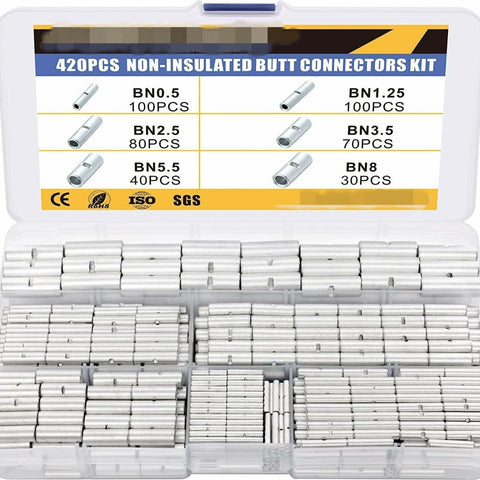 420PCS Non-Insulated Butt Connectors Kit - 6 Sizes BN0.5 to BN8 In Australia - Darrahopens