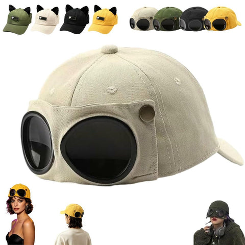 Aviator Style Baseball Cap with Integrated Goggles,Retro Pilot Style Hats Canvas Baseball Cap with Attached Goggle Sunglasses,Vintage Pilot Cat Ear Beanie,Hip Hop Peaked Cap,Detachable Unisex Fit - Beige In Australia - Darrahopens