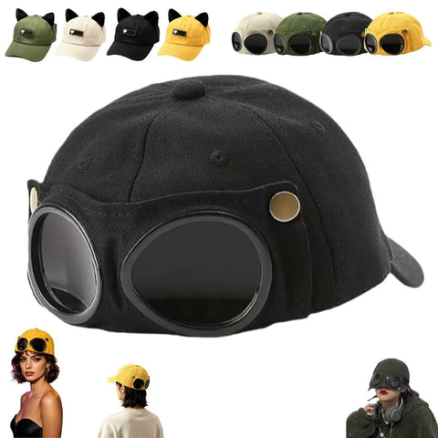 Aviator Style Baseball Cap with Integrated Goggles,Retro Pilot Style Hats Canvas Baseball Cap with Attached Goggle Sunglasses,Vintage Pilot Cat Ear Beanie,Hip Hop Peaked Cap,Detachable Unisex Fit - Black