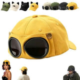 Aviator Style Baseball Cap with Integrated Goggles,Retro Pilot Style Hats Canvas Baseball Cap with Attached Goggle Sunglasses,Vintage Pilot Cat Ear Beanie,Hip Hop Peaked Cap,Detachable Unisex Fit - Black