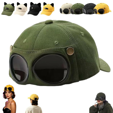 Aviator Style Baseball Cap with Integrated Goggles,Retro Pilot Style Hats Canvas Baseball Cap with Attached Goggle Sunglasses,Vintage Pilot Cat Ear Beanie,Hip Hop Peaked Cap,Detachable Unisex Fit - Green In Australia - Darrahopens
