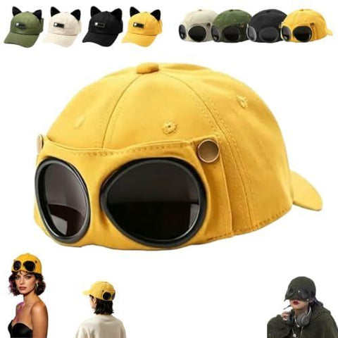 Aviator Style Baseball Cap with Integrated Goggles,Retro Pilot Style Hats Canvas Baseball Cap with Attached Goggle Sunglasses,Vintage Pilot Cat Ear Beanie,Hip Hop Peaked Cap,Detachable Unisex Fit - Yellow