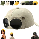 Aviator Style Baseball Cap with Integrated Goggles,Retro Pilot Style Hats Canvas Baseball Cap with Attached Goggle Sunglasses,Vintage Pilot Cat Ear Beanie,Hip Hop Peaked Cap,Detachable Unisex Fit - Yellow