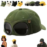 Aviator Style Baseball Cap with Integrated Goggles,Retro Pilot Style Hats Canvas Baseball Cap with Attached Goggle Sunglasses,Vintage Pilot Cat Ear Beanie,Hip Hop Peaked Cap,Detachable Unisex Fit - Yellow