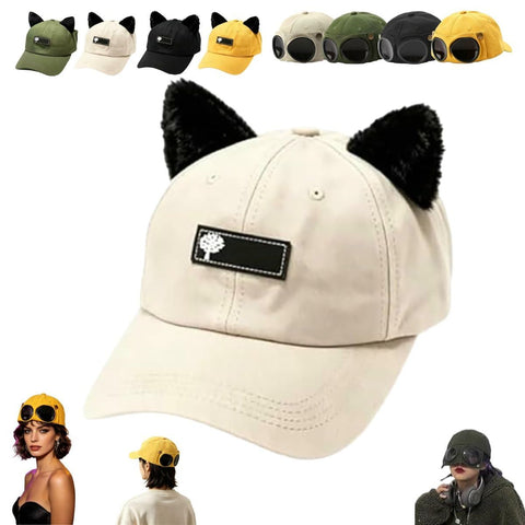 Aviator Style Baseball Cap with Integrated Goggles,Retro Pilot Style Hats Canvas Baseball Cap with Attached Goggle Sunglasses,Vintage Pilot Cat Ear Beanie,Hip Hop Peaked Cap,Detachable Unisex Fit - Beige In Australia - Darrahopens