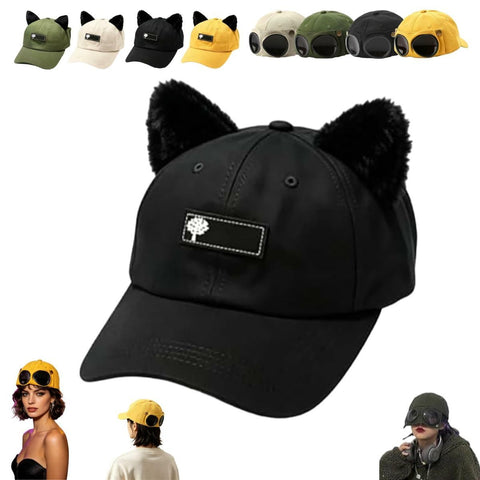 Aviator Style Baseball Cap with Integrated Goggles,Retro Pilot Style Hats Canvas Baseball Cap with Attached Goggle Sunglasses,Vintage Pilot Cat Ear Beanie,Hip Hop Peaked Cap,Detachable Unisex Fit - Black In Australia - Darrahopens